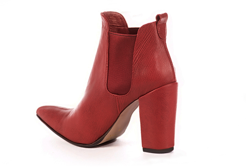 Scarlet red women's ankle boots, with elastics. Tapered toe. Very high block heels. Rear view - Florence KOOIJMAN